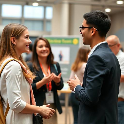 A student confidently networking at a career fair.