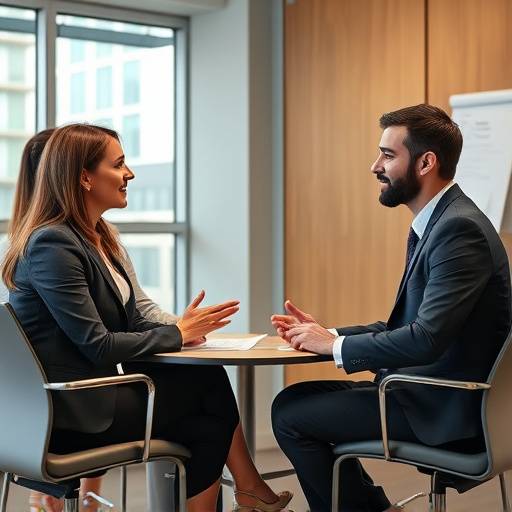 Two professionals discussing interview strategies during a training session.